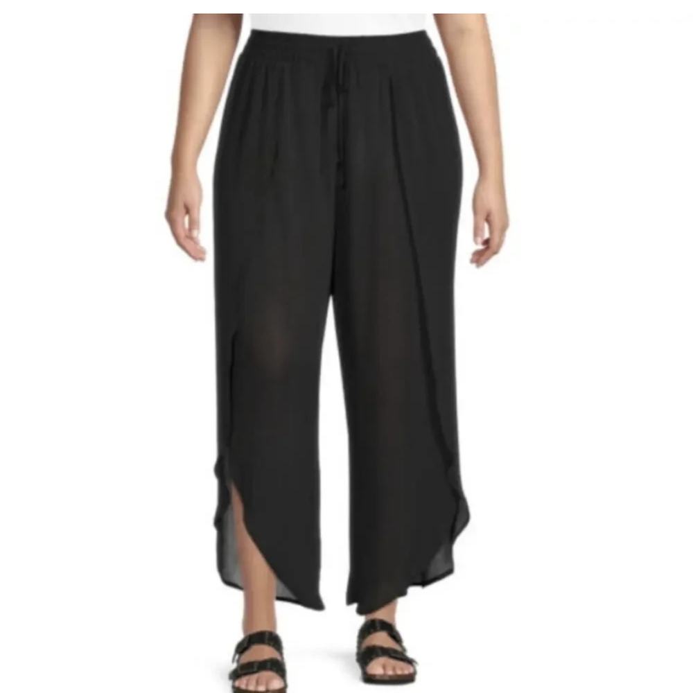 NWT Time And Tru Split Leg Yoga Sheer Harlem Pants 1X Black Cover Up Wide Leg